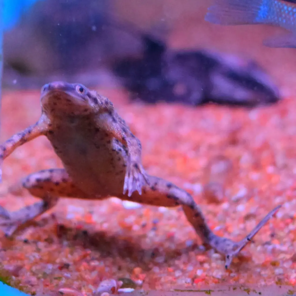 A close up of an African Dwarf Frog swimming in a tank