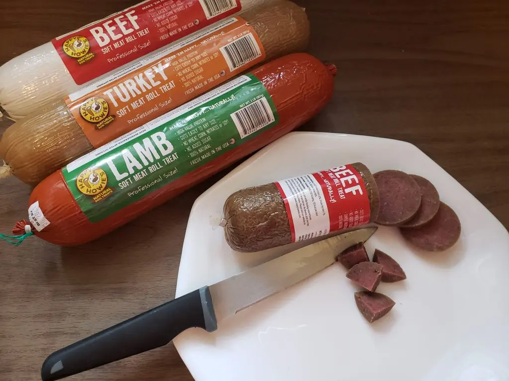 plate of dog treat meat rolls to use as dog training treats